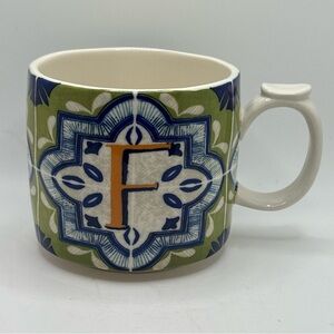 Anthropologie "F” Mezze Monogram Mug 12 Oz Blue Green White Ceramic Coffee Cup